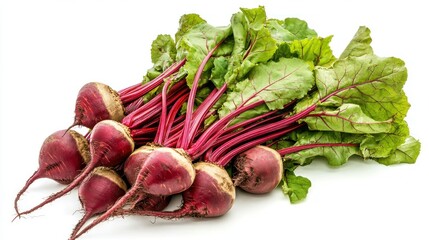 Fresh beetroots with green leaves on white.  Healthy food recipe ingredient