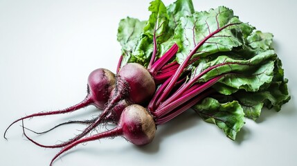 Fresh beets with greens on white background, healthy food