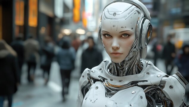 Futuristic humanoid robot stands amidst a busy city street, showcasing advanced machine integration while pedestrians engage in daily activities under the bright urban lights