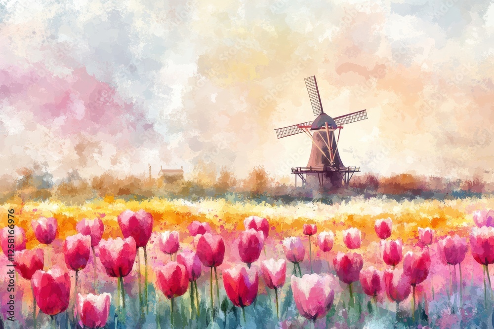 Poster Discover vibrant tulip fields with a windmill backdrop during a beautiful spring day. Generative AI