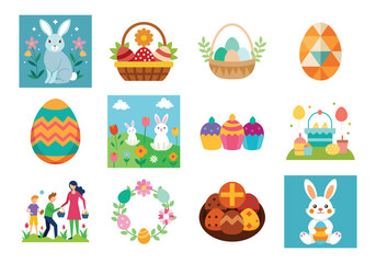 Set of Easter design elements. Easter Sunday Eggs, chicken, butterfly, rabbit, tulips bundle