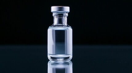 Small Medical Vial on Reflective Surface - A single, small medical vial filled with clear liquid sits on a reflective dark surface. Concepts: healthcare, medicine, science, research, technology