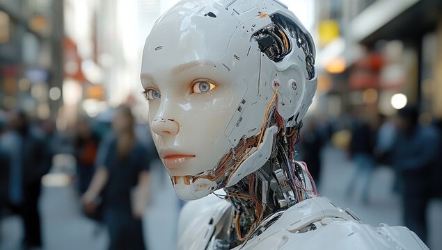 Futuristic humanoid robot stands amidst a busy city street, showcasing advanced machine integration while pedestrians engage in daily activities under the bright urban lights
