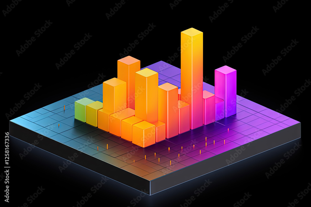Poster 3D business graph with organized bars and information blocks. Abstract infographic element. Business growth and development to success concepts