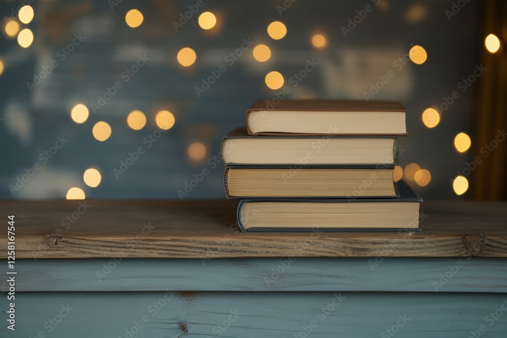 Poster Stack of books resting on a rustic wooden shelf with soft bokeh lights in the background for cozy reading atmosphere. Generative AI