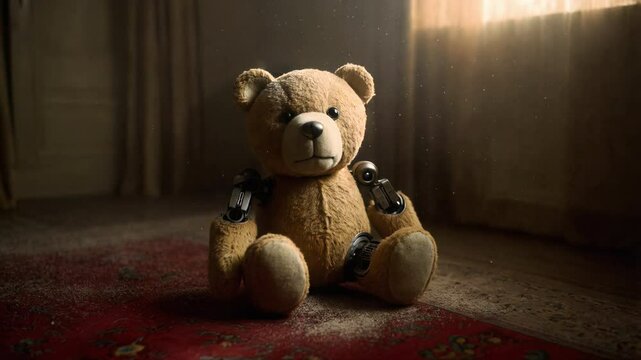 A teddy bear sits quietly on a patterned rug, showcasing robotic arms that blend the old with the new