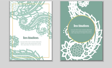 Two greeting cards templates set with paisley motifs. Wedding invitation with oriental decoration. Modern abstract stationary design.