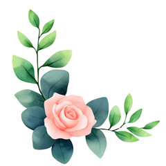 Floral design with pink rose and green leaves, white isolate background
