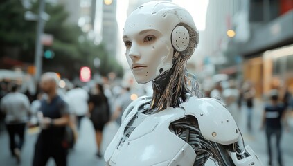 Futuristic humanoid robot stands amidst a busy city street, showcasing advanced machine integration while pedestrians engage in daily activities under the bright urban lights