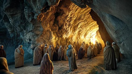 A group of individuals dressed in simple robes gathers in a cave, illuminated by warm, glowing light, creating a mystical atmosphere