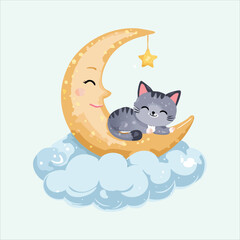 Obraz premium cat dreaming on a floating cloud next to the moon