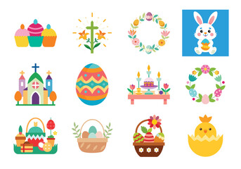 Set of Easter design elements. Easter Sunday Eggs, chicken, butterfly, rabbit, tulips bundle