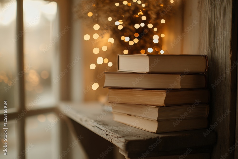Poster stacked books resting on a rustic wooden shelf beside warm glowing lights in a cozy environment. gen