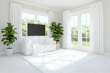Fototapeta premium Modern Minimalist Living Room with White Sofa and Lush Greenery, features floor-to-ceiling windows, providing abundant natural light, enhancing the room's airy ambiance.