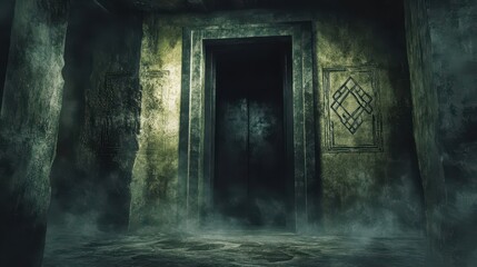 Obraz premium Mysterious Hidden Elevator in an Ancient Crypt Surrounded by Darkness and Dust, Invoking Eerie Atmosphere and Secrets to Uncover