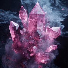 Crafting vibrant pink crystals with swirling mist in a dark backdrop showcases generative AI artistry. Generative AI