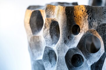 Abstract gray stone sculpture with porous texture and irregular holes, illuminated by sunlight.