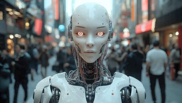 Futuristic humanoid robot stands amidst a busy city street, showcasing advanced machine integration while pedestrians engage in daily activities under the bright urban lights