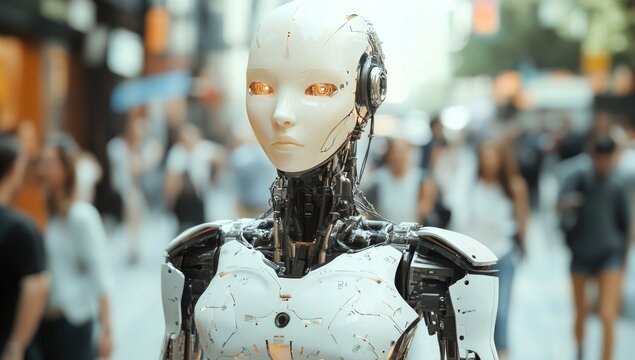 Futuristic humanoid robot stands amidst a busy city street, showcasing advanced machine integration while pedestrians engage in daily activities under the bright urban lights