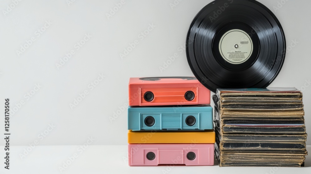 Poster colorful stack of vinyl records and retro cassettes with vibrant k pop inspired designs on display. 