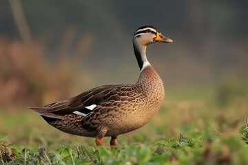 Obraz premium Indian spot billed duck standing on green grass in blurred background