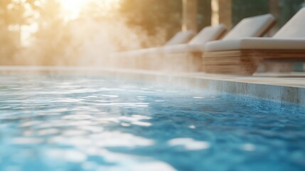 Luxurious indoor spa pool with warm, steaming water, surrounded by lounge chairs bathed in soft sunlight. Concept relaxation, wellness, and tranquility in a modern wellness retreat.