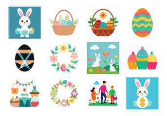 Set of Easter design elements. Easter Sunday Eggs, chicken, butterfly, rabbit, tulips bundle
