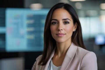 Fototapeta premium This image showcases a confident woman in professional attire, standing in a modern office background filled with digital screens displaying data and analytics, symbolizing leadership.