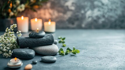 Obraz premium Spa experience with massage stones and candles for relaxation and tranquility in a calming setting. Generative AI