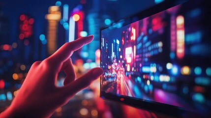 hand interacting with futuristic cityscape display