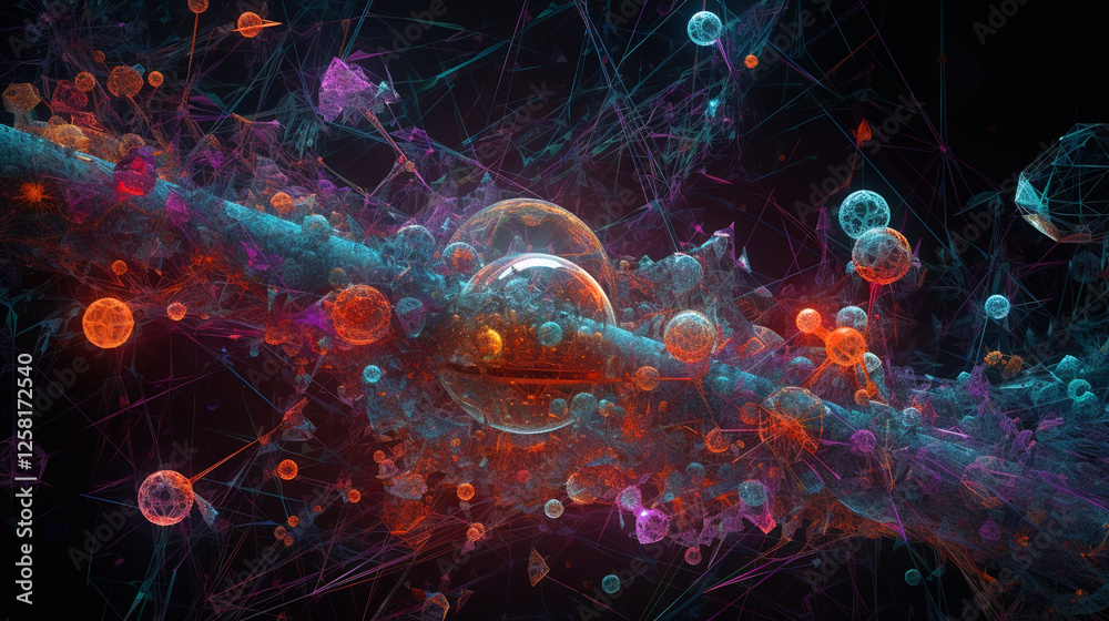 Poster abstract scientific concept with connected cells and particles. science microscopic background.