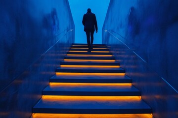 Businessman ascending illuminated staircase in modern building
