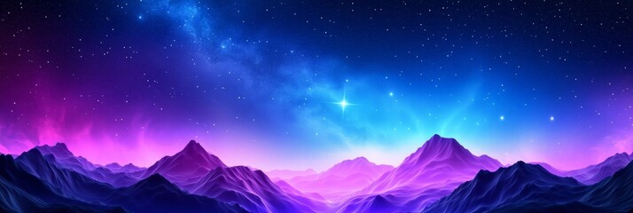 Obraz premium Celestial Mountainscape: A Night of Purple and Blue - Ethereal mountains bathed in vibrant purple and blue hues under a stunning night sky, symbolizing dreams, serenity, mystery, infinity