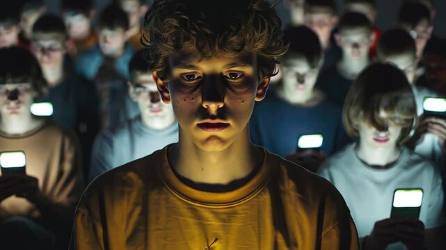 Cell phone addiction concept. Many teens hold smart device. Social media obsession. Online communication problem. People watch mobile gadget screen. Cyberspace internet network. Bad habit. Neon light.
