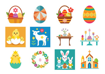 Set of Easter design elements. Easter Sunday Eggs, chicken, butterfly, rabbit, tulips bundle