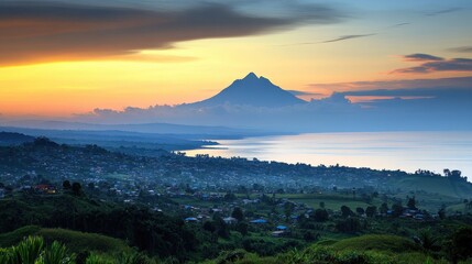 Equatorial Guinea Panorama: Mount Victoria of Cameroon Viewed from Malabo City Against Sunset Sky
