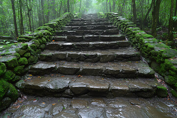 Obraz premium The image shows a moss-covered stone archway leading into a dilapidated courtyard with crumbling walls. Dense foliage adds a sense of mystery and abandonment.