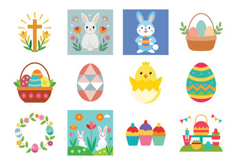 Set of Easter design elements. Easter Sunday Eggs, chicken, butterfly, rabbit, tulips bundle