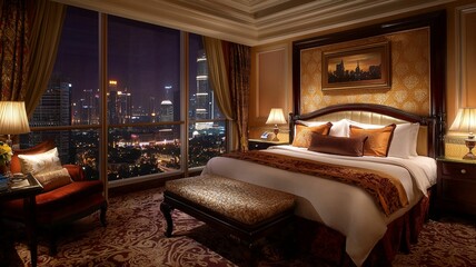 Luxurious hotel room with stunning city skyline view at night, featuring elegant decor, a plush bed, and ambient lighting creating a cozy atmosphere for travelers.