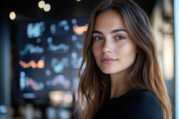 A young woman smiles warmly while standing in front of complex data analytics, representing the growing role of women in technology and vibrant work environments.