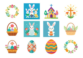 Obraz premium Set of Easter design elements. Easter Sunday Eggs, chicken, butterfly, rabbit, tulips bundle