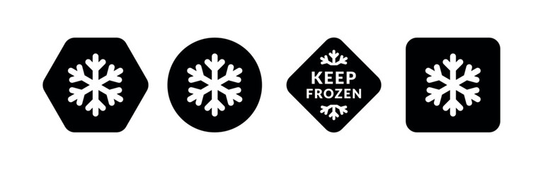 Keep frozen food vector labels. Black snowflake flat icon symbol for packages, stickers, web, badges, logo, banner, poster.	