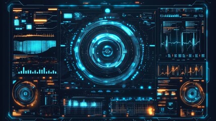 Fototapeta premium Blue futuristic HUD grid design with 3D effects, sci-fi themes, and artificial intelligence visuals. 