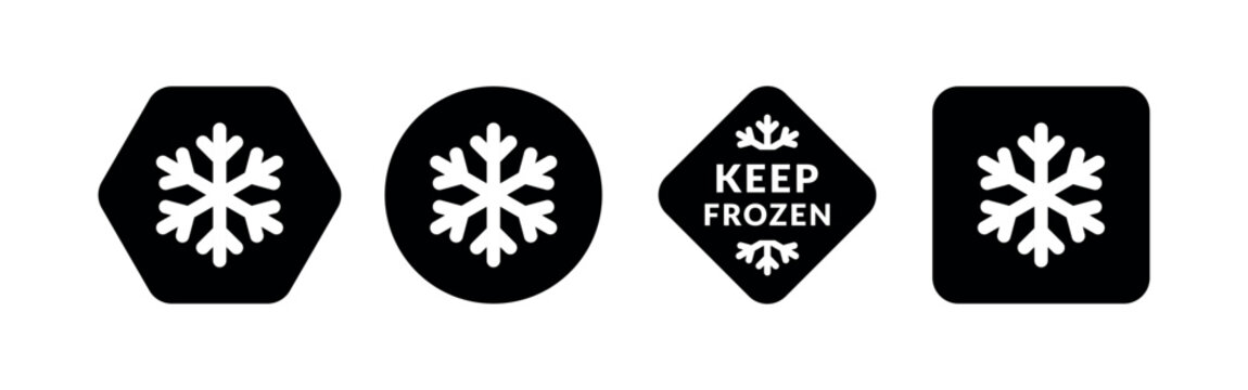 Keep frozen food vector labels. Black snowflake flat icon symbol for packages, stickers, web, badges, logo, banner, poster.	