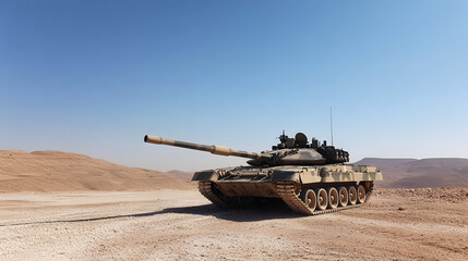 Advanced military tank in desert landscape beneath clear cerulean skies