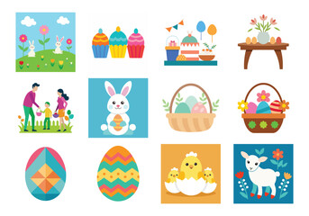 Obraz premium Set of Easter design elements. Easter Sunday Eggs, chicken, butterfly, rabbit, tulips bundle