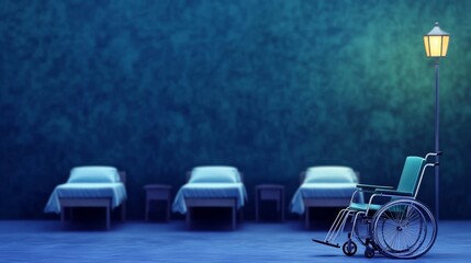 Empty Hospital Room at Night - A dimly lit hospital room with three empty beds and a wheelchair, creating a serene yet slightly melancholic atmosphere