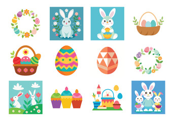 Set of Easter design elements. Easter Sunday Eggs, chicken, butterfly, rabbit, tulips bundle
