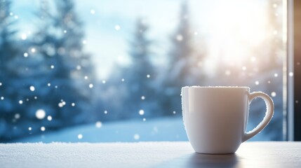 Obraz premium Winter's Warm Embrace: Coffee by the Snowy Window - Cozy winter scene, warm coffee, snowy landscape, sunlight, peaceful relaxation. Symbolising comfort, warmth, serenity, tranquility, and winter joy