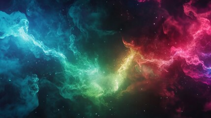 Colorful energy waves of green, blue, and red with smoke and light paths on a dark background